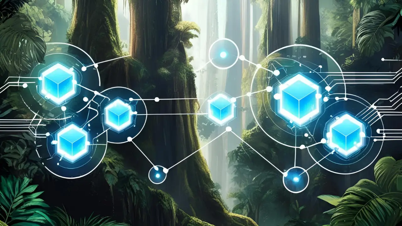 Ilustração de uma floresta tropical com elementos de blockchain, representando criptomoedas verdes em 2025.