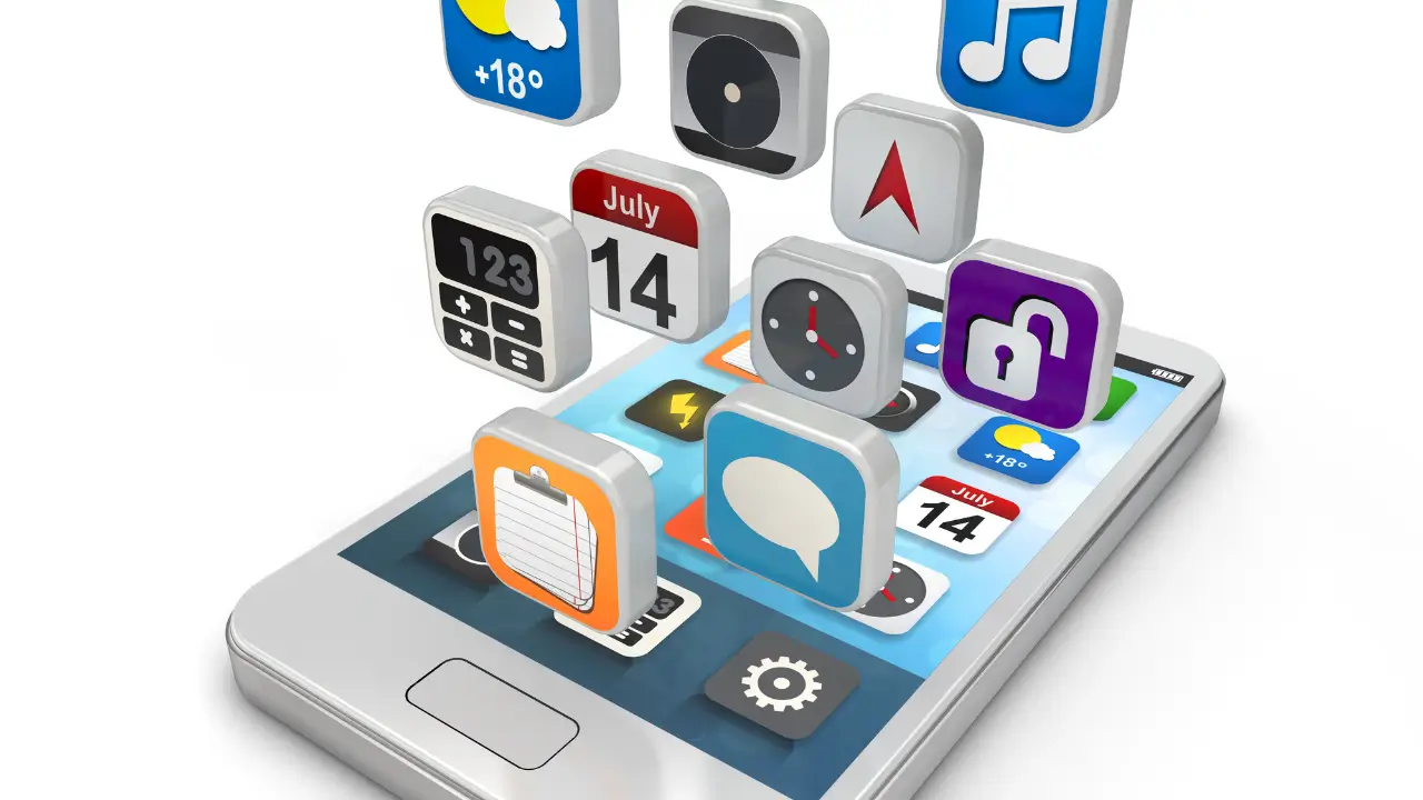 Um smartphone com poucos ícones na tela inicial, disposto sobre um fundo branco com elementos minimalistas, simbolizando o digital minimalism.