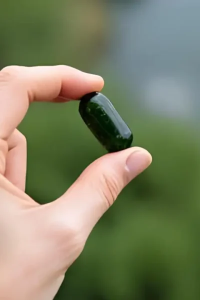 Mão a segurar uma cápsula de água comestível feita de algas, com um fundo desfocado de natureza, simbolizando a inovação das embalagens comestíveis.