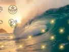 Ilustração de uma onda poderosa a transformar-se em linhas de energia limpa na costa do Brasil, simbolizando o potencial da energia das ondas.