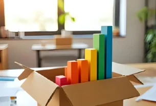 Ilustração de um gráfico de barras a crescer, saindo de dentro de uma caixa de papelão aberta, simbolizando o crescimento dos negócios de assinatura.