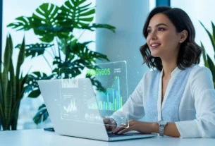 Mulher empreendedora trabalhando em seu laptop, analisando gráficos de crescimento de pequenos negócios em alta na tecnologia.