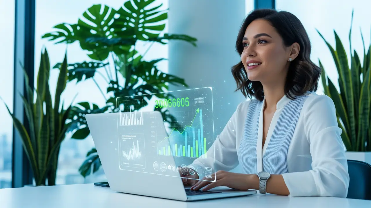 Mulher empreendedora trabalhando em seu laptop, analisando gráficos de crescimento de pequenos negócios em alta na tecnologia.