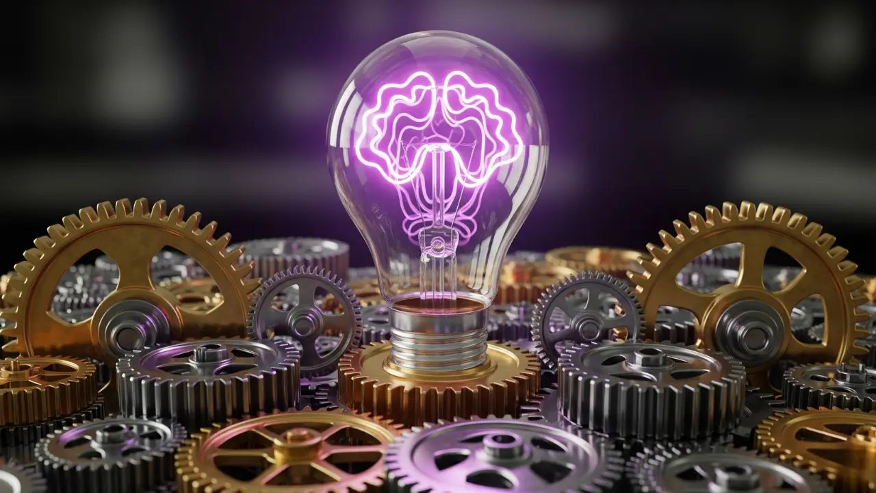 Lâmpada de ideias conectada a uma engrenagem, simbolizando a solução de problemas para startups de tecnologia.