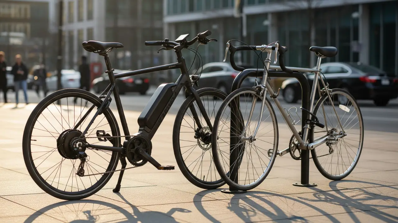 Uma bicicleta elétrica e uma bicicleta convencional estacionadas lado a lado, mostrando a diferença visual entre os dois modelos.