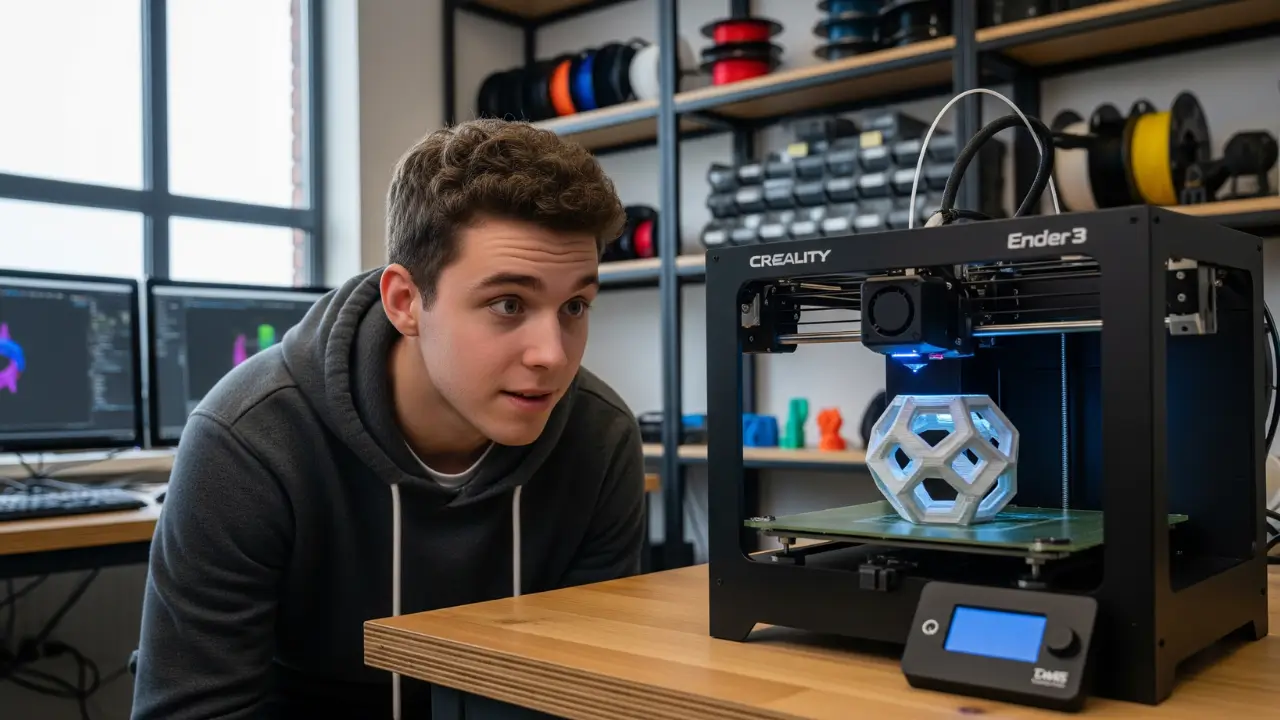 Jovem entusiasta de tecnologia a observar atentamente a sua impressora 3D Creality Ender 3 a criar um objeto, o primeiro passo para entender a impressão 4D.