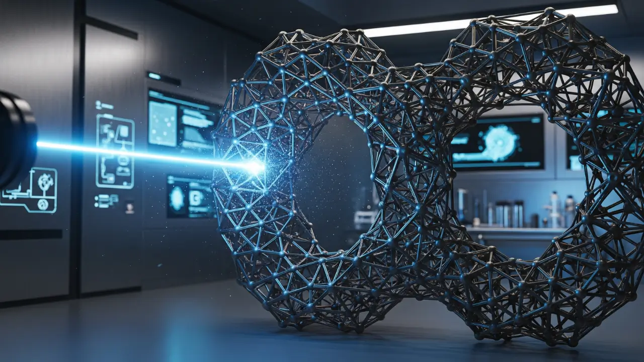 Uma estrutura geométrica complexa, produto da impressão 4D, a mudar de forma dinamicamente em resposta a um estímulo de luz.
