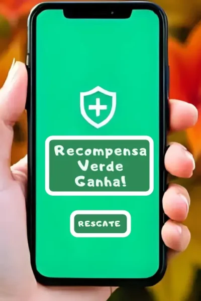 Mão de uma pessoa a segurar um smartphone que exibe uma mensagem de "Recompensas Verdes Conquistada!", com um fundo de folhas e natureza.