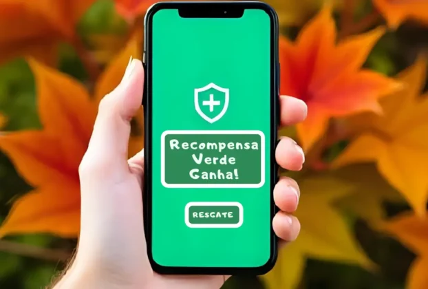 Mão de uma pessoa a segurar um smartphone que exibe uma mensagem de "Recompensas Verdes Conquistada!", com um fundo de folhas e natureza.