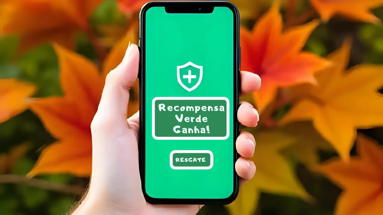 Mão de uma pessoa a segurar um smartphone que exibe uma mensagem de "Recompensas Verdes Conquistada!", com um fundo de folhas e natureza.