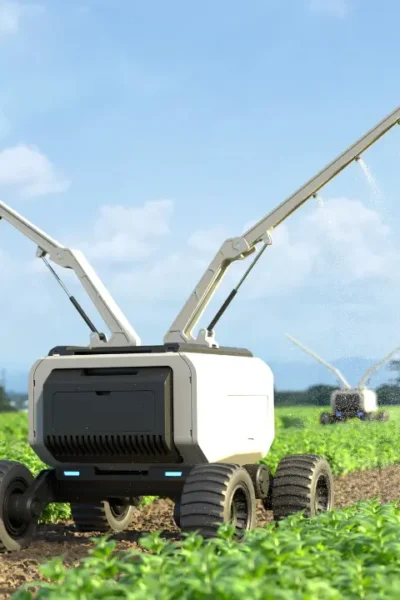Um robô agricultor autónomo a mover-se de forma precisa por uma lavoura verdejante, simbolizando o futuro da tecnologia no campo.