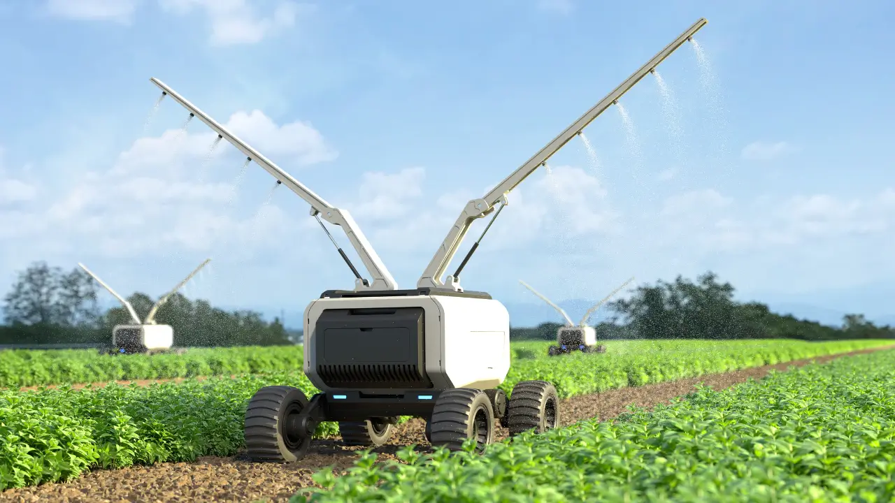Um robô agricultor autónomo a mover-se de forma precisa por uma lavoura verdejante, simbolizando o futuro da tecnologia no campo.