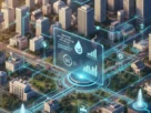 Cidades inteligentes e desperdício de água. Infográfico mostrando uma cidade conectada com fluxos de dados, ilustrando como as cidades inteligentes combatem o desperdício de água.