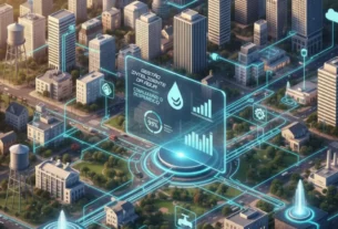 Cidades inteligentes e desperdício de água. Infográfico mostrando uma cidade conectada com fluxos de dados, ilustrando como as cidades inteligentes combatem o desperdício de água.