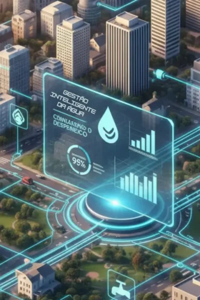 Cidades inteligentes e desperdício de água. Infográfico mostrando uma cidade conectada com fluxos de dados, ilustrando como as cidades inteligentes combatem o desperdício de água.