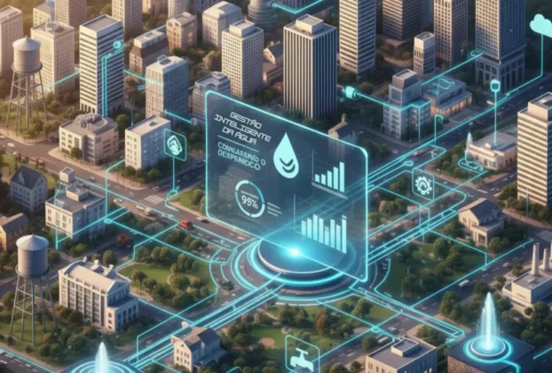 Cidades inteligentes e desperdício de água. Infográfico mostrando uma cidade conectada com fluxos de dados, ilustrando como as cidades inteligentes combatem o desperdício de água.
