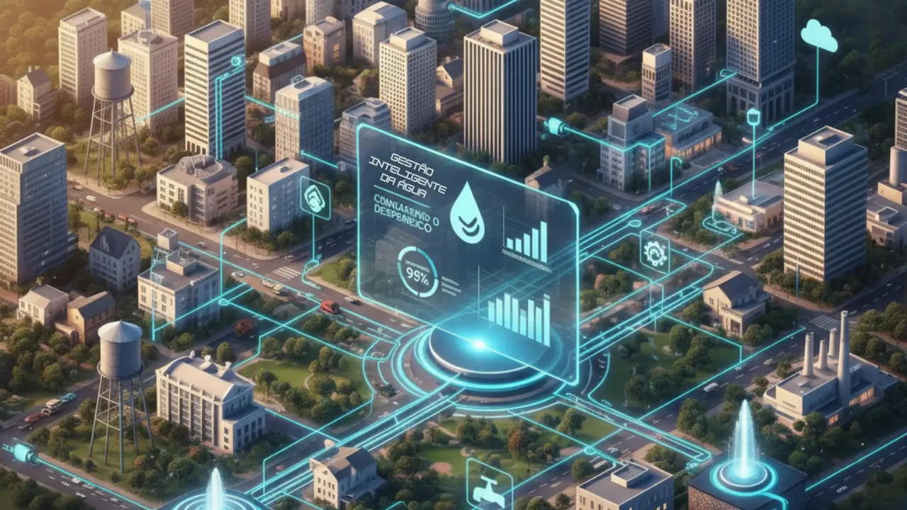 Cidades inteligentes e desperdício de água. Infográfico mostrando uma cidade conectada com fluxos de dados, ilustrando como as cidades inteligentes combatem o desperdício de água.