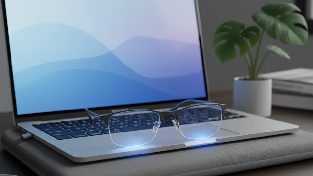 Um par de óculos com filtro de luz azul pousado em frente a uma tela portátil, simbolizando uma ferramenta prática para mitigar os impactos físicos do detox digital.