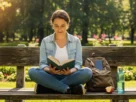 Uma pessoa sentada pacificamente num parque, a ler um livro e a sorrir, ilustrando os benefícios físicos e mentais de um detox digital.