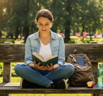 Uma pessoa sentada pacificamente num parque, a ler um livro e a sorrir, ilustrando os benefícios físicos e mentais de um detox digital.
