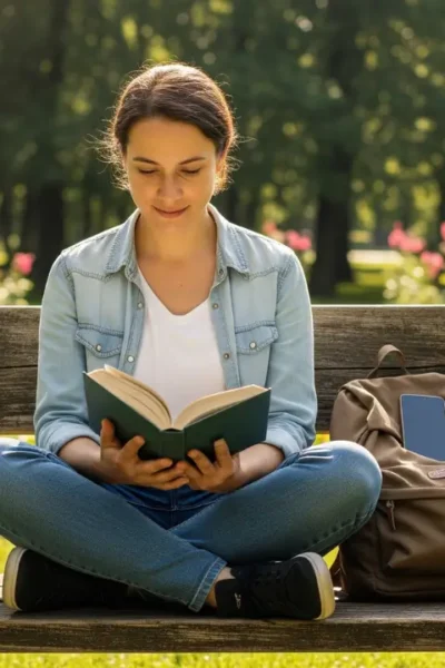 Uma pessoa sentada pacificamente num parque, a ler um livro e a sorrir, ilustrando os benefícios físicos e mentais de um detox digital.