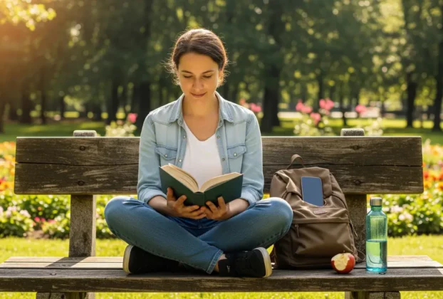 Uma pessoa sentada pacificamente num parque, a ler um livro e a sorrir, ilustrando os benefícios físicos e mentais de um detox digital.