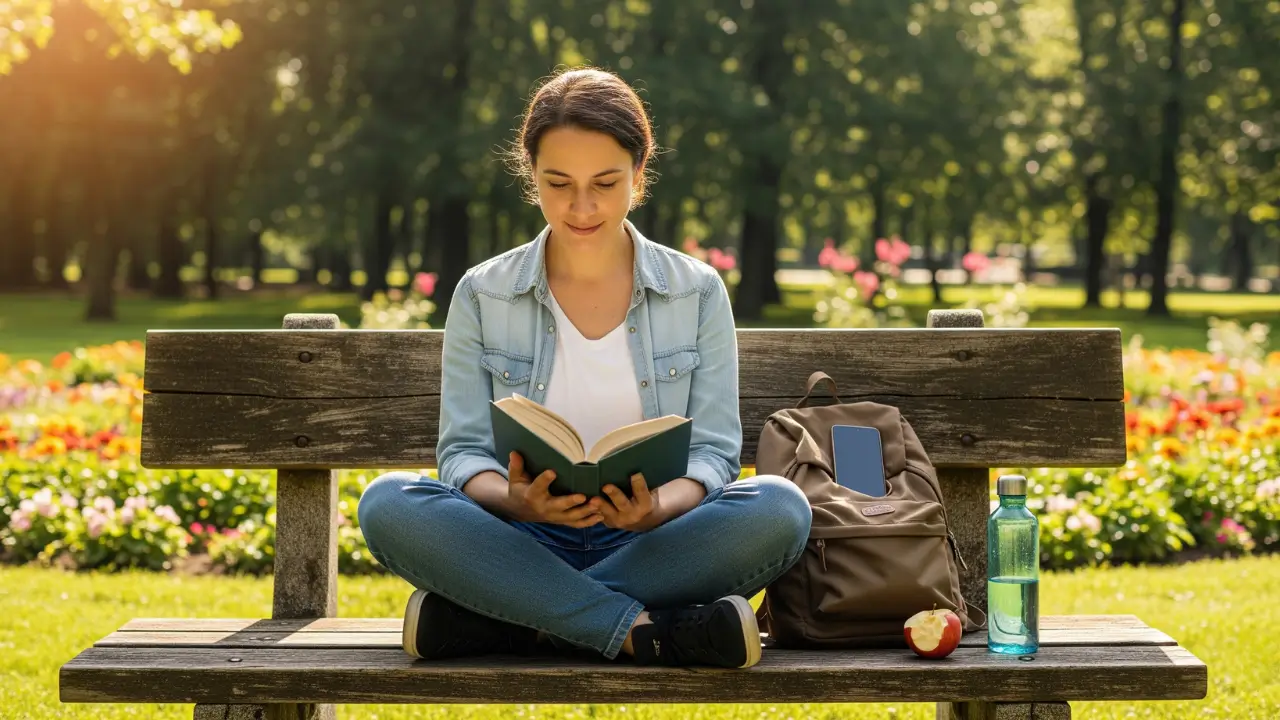 Uma pessoa sentada pacificamente num parque, a ler um livro e a sorrir, ilustrando os benefícios físicos e mentais de um detox digital.